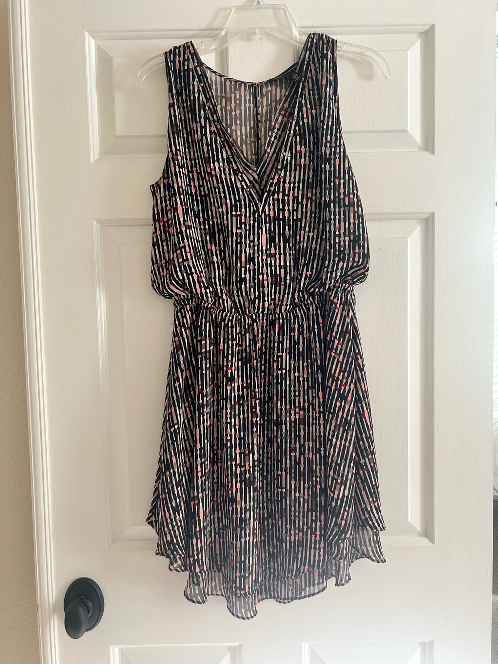 WHBM Sleeveless V-Neck Black Dress with Pink and White pattern